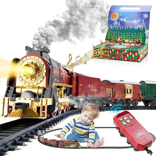 Train Set with Gift Case and Remote Control, Train Toys with Smoke, Light and Sound, Christmas Train Sets for Around The Tree, Toy Train Set for 3 4 5 6 7 8+ Years Old Boys Toddlers Gifts