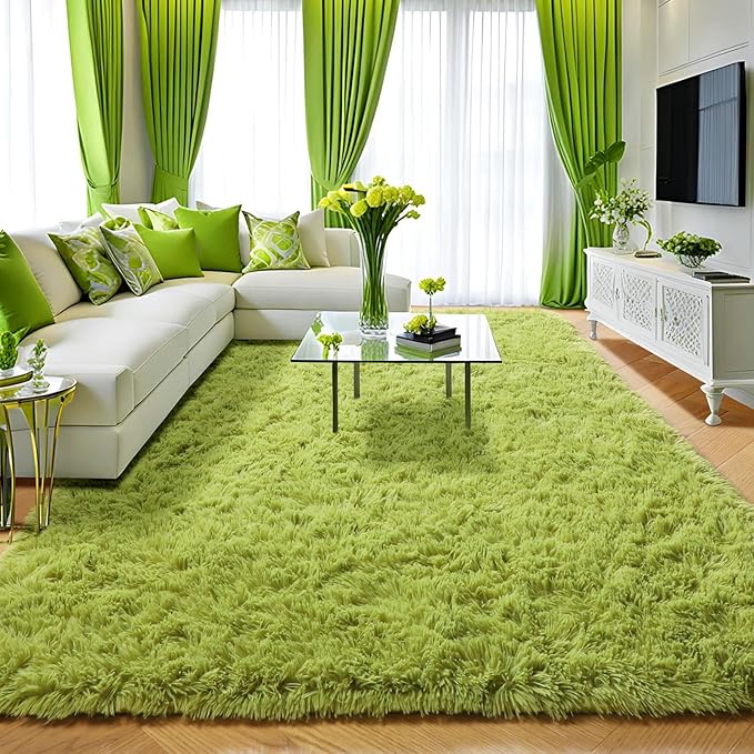 Amdrebio Grass Green Rugs for Living Room Bedroom Decor Aesthetic, 9x12 Large Fluffy Shag Area Rug for Kids Room Baby Nursery Teen Girls Boys, Cool Fuzzy Plush Cute Moss Carpet for Classroom Playroom