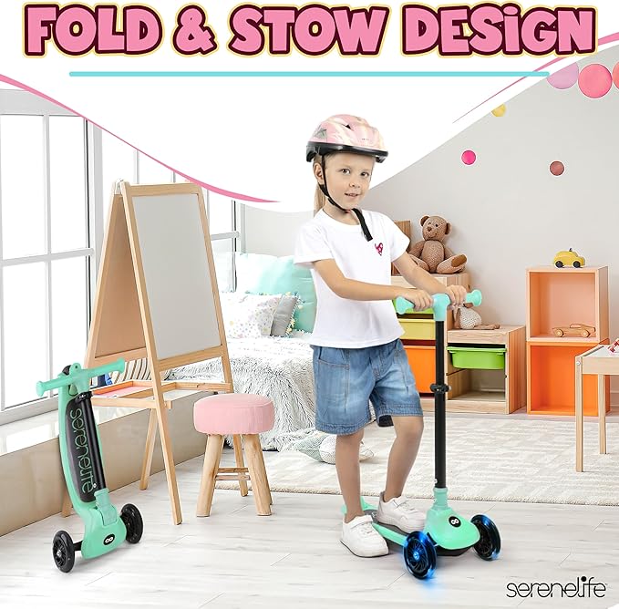 SereneLife 3 Wheel Foldable Kids Scooter - Foldable Seat, LED Wheel Lights, Adjustable Handlebar, Rear Foot Brake, Lean-to-Steer, Anti-Slip Deck, Ideal for Toddlers Kids 3+, up to 110Lbs