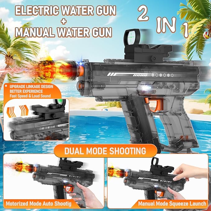 Electric Water Gun for Kids Adults, Transparent Automatic Squirt Gun with 30-32 FT Long Range, Summer Outdoor Beach Swimming Pool Party Toys for Boys Girls Adults (Black)
