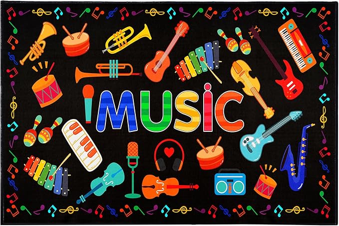 Durable Music Rug 3'3"x5' Guitar Area Rug for Studio Soft Black Music Carpet for Kids Room Washable Colorful Musical Floor Mat for Bedroom, Playroom, Nursery, Elementary