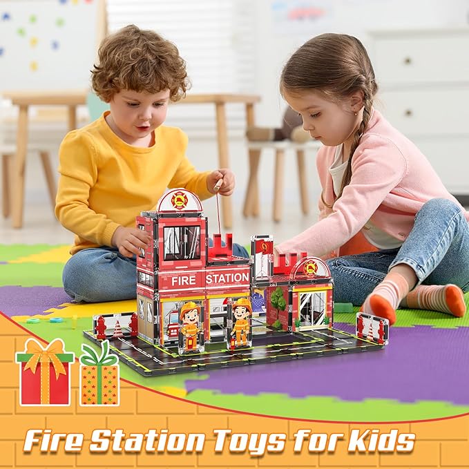Magnetic Tiles, 50PCS Fire Station Theme Building Blocks Set, Magnet Building Blocks and STEM Preschool Toys for Toddlers Kids Ages 3-5 5-7 8-10