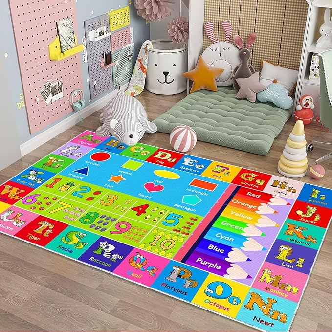 Kids Alphabet Play Game Rug - 2' 7" x 4' ABC Numbers and Shapes Educational Learning Toddler Carpet - Kids Room Playroom Classroom Kindergarten Activity Fun Soft Non-Slip Mat