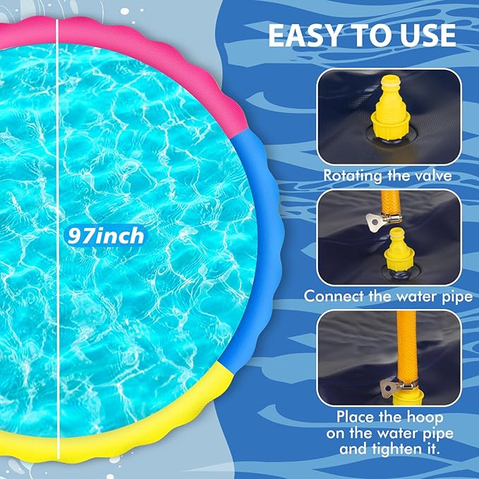 YAUNGEL Splash Pad for Dogs and Kids, 97in Non-Slip Splash Sprinkler Pad 0.58mm Thickened Durable and Foldable Dog Pool Inflatable Summer Outdoor Water Toys, Mix Colors