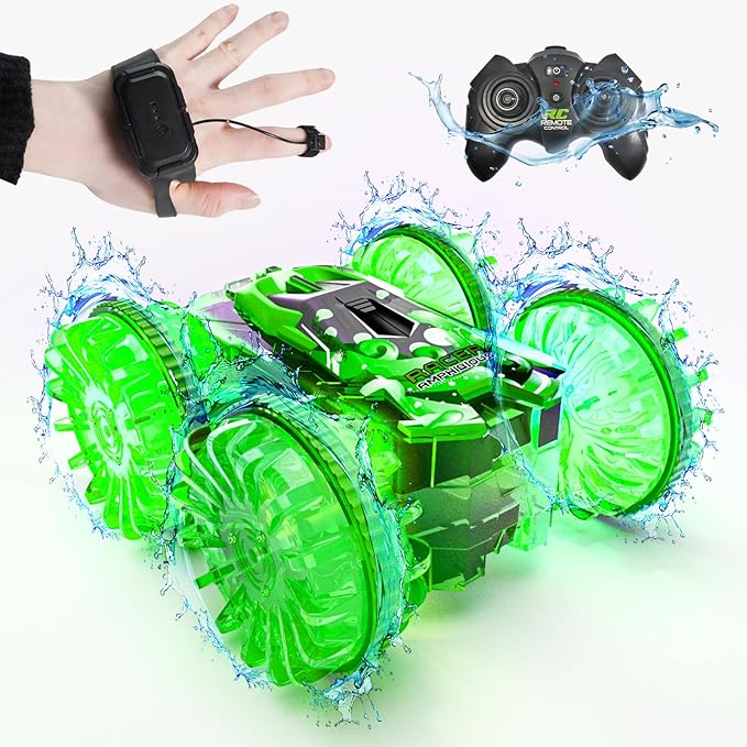 Amphibious Remote Control Car,4WD Waterproof RC Cars,Remote Control Boat,360°Rotation,180°Flip with Led Lights Stunt Truck Toys,Boys Girls Gifts All Terrain Water Beach Pool Toy