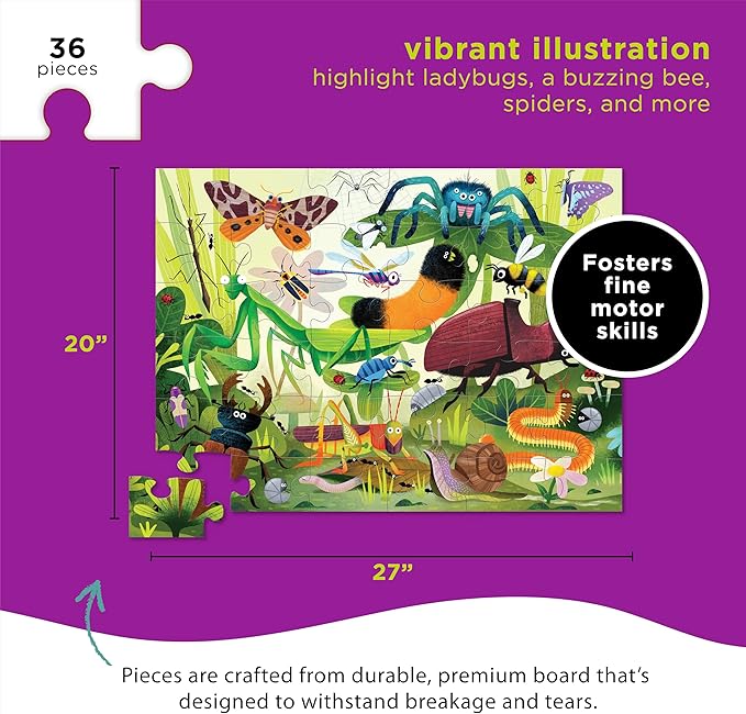 Crocodile Creek 36-Piece Jigsaw Floor Puzzle - Fun Floor Puzzles for Kids Ages 3-5 - Heavy-Duty Shaped Box for Storage - Backyard Bugs - 27" W x 20" H Finished