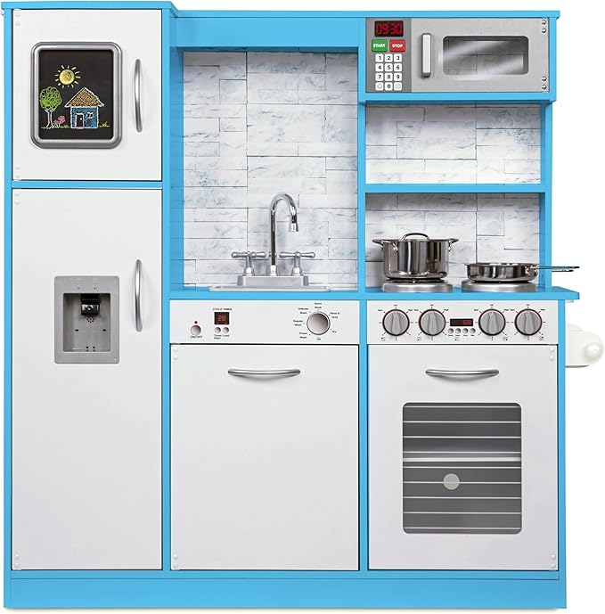 Lil' Jumbl Kids Kitchen Set, Pretend Wooden Play Kitchen, Battery Operated Icemaker & Microwave with Realistic Sound, Pots & Pan Included - Blue