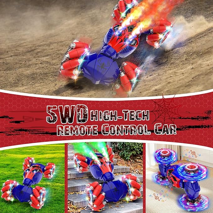 Spider Remote Control Stunt Car: Christmas Birthday Gifts for Boys Toys Ages 6-12 - 2.4Ghz Gesture Sensing Remote Control Cars with Light and Music Spray - 8WD Drift 360° Rotating RC Car for 7-14 Kids