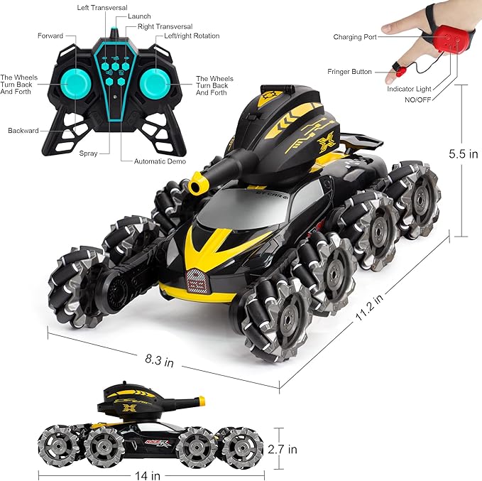 Rc Tank That Shoots 8WD Remote Control Water Bomb Car,8WD Remote Control Car,2.4GHz Gesture Sensing,Remote ControlStunt Truck,360°Rotating,8 9 10 11 12 Year Old Birthday Gifts ﻿