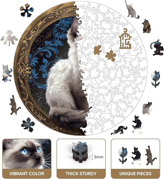 Siamese Cat 500 Pieces Wooden Puzzles for Adults Animal Jigsaw Puzzles with Unique Shapes Pieces Great Gift for Kids and Adults on Birthday,Thanksgiving,Christmas 16.7x16.7 Inches