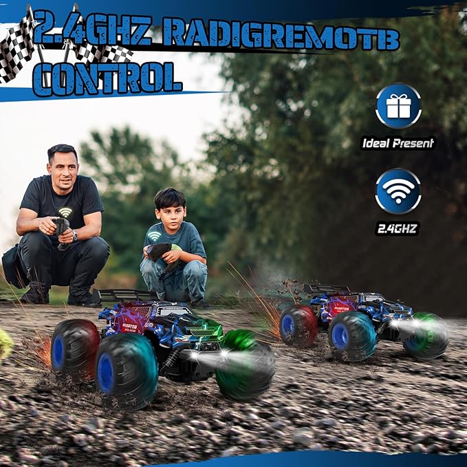 Remote Control Car, 1:18, All-Terrain Remote Control Truck with Headlight and Bodylight, 2WD, 20KM/H, PVC Shell, 2.4GHz, Rechargeable, Sturdy, Two Speed Control, Rc Cars for Kids, Beginner