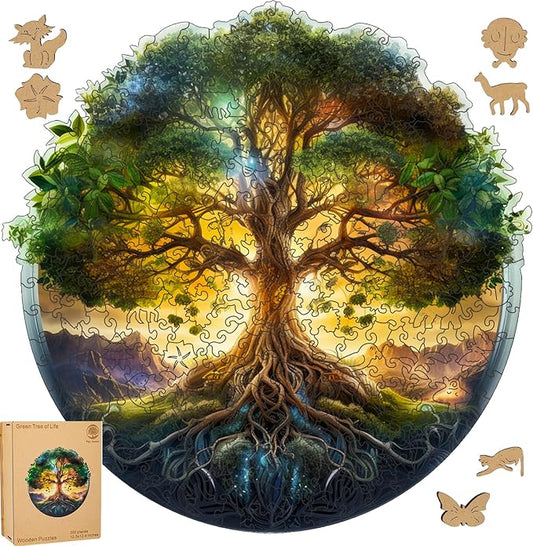 Green Tree of Life Wooden Jigsaw Puzzle for Adult and Kids 300 Pcs Unique Shape Multicolor Wood Storage Box Challenge Brain Teaser Family Game Creative Gift for Friends Rompecabezas Madera