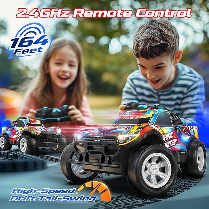 DEERC Remote Control Car for Boys & Girls Ages 4-8, Spray RC Truck with Music & Colorful LED Lights, 2.4GHz All-Terrain Drift Vehicle, 2 Rechargeable Batteries, 40 Mins Playtime, Birthday Toy for Kids