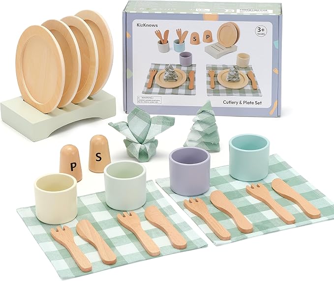 Wooden Toy Dish Set Toddler Plates and Cutlery Set Children's Kitchens Accessories Kids Role Play Food Gift for Girls and Boys