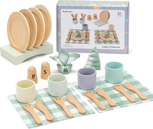 Wooden Toy Dish Set Toddler Plates and Cutlery Set Children's Kitchens Accessories Kids Role Play Food Gift for Girls and Boys