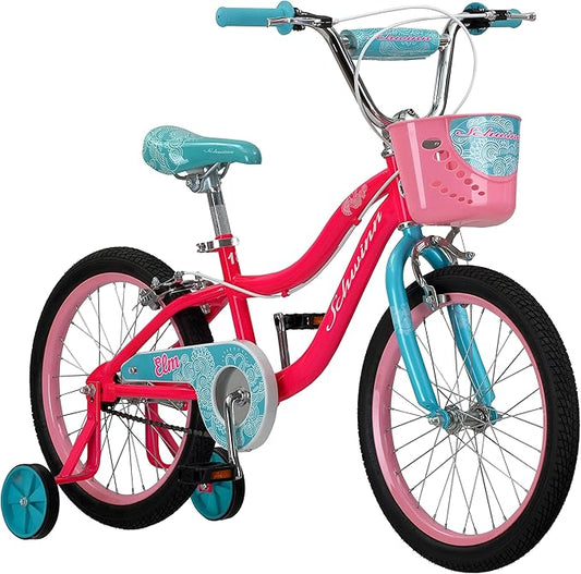 Schwinn Elm BMX Style Toddler and Kids Bike, For Girls and Boys, 18-Inch Wheels, With Training Wheels, Chain Guard, and Front Basket, Recommended Height 42-52 Inch, Pink