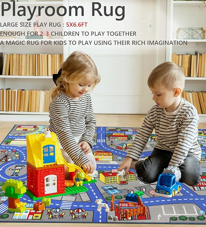Kids Rug 6'6" x 5'0" City Life Playmat Area Rug Car City Map Washable Traffic Road Educational Learning Nursery Rug Carpet for Children Playroom Living Room Bedroom Classroom Decor Dark Blue