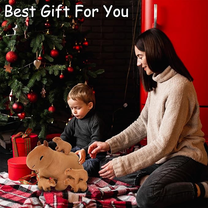 SQEQE Capybara Mommy Plush with 4 Cute Babies Capybara Stuffed Animals, Super Soft Plushie Stuffed Cotton Plushies Animal Toy Gift for Boys and Girls