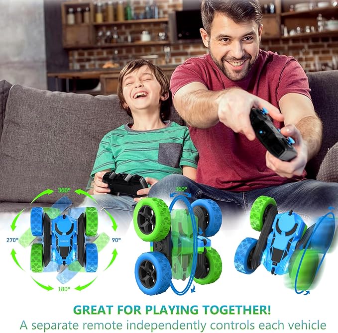 cosone Remote Control Car Toys for Boys - 4WD 2.4Ghz Double Sided 360° Rotating All Terrain RC Cars with Cool Lights, Kids Birthday for Boys-Blue&Green