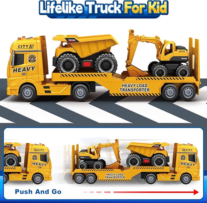 SpringFlower 3 4 5 6 Toddler Boy Toys, 25" Construction Carrier Truck Toy with Excavator and Dump Truck,3 in 1 Truck Boy Toy, Christmas Birthday Gifts for Kids 3 4 5 6 Years Old