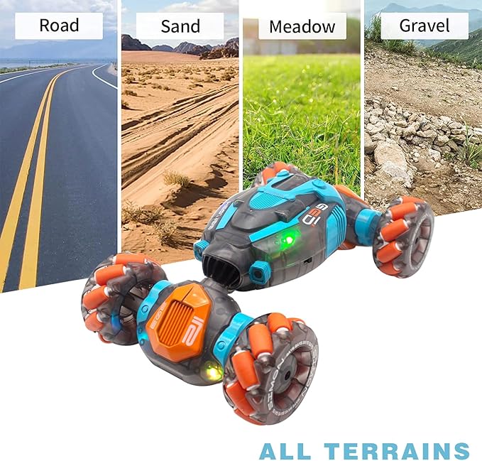 Remote Control Twist Car Gesture Sensing RC Stunt Cars 360°Rotation 4WD Toys Car for Kids Age 7-14 Year Old Transform Car with Lights Music for Boys Girls Birthday Xmas Gifts (Blue/Orange)