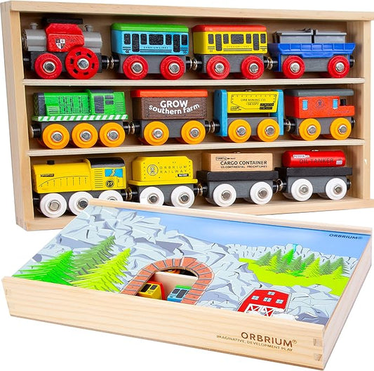 12 Wooden Train Cars Set with Wooden Storage Box with Box Cover Tunnel for 3,4,5,6,7 Years Old Compatible with Thomas & Friends Push-Along, Brio, IKEA, Imaginarium, Melissa and Doug