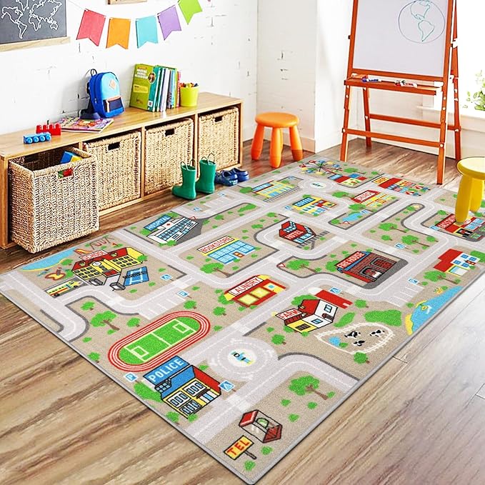 Capslpad Tan Car Road Kid Rug Carpet Playmat for Playoom Traffic Road Kids Play Mat for Toddler Non Slip Washable City Map Race Track Carpet Rug for Kids Room Bedroom Nursery Room Decor,5.2'x3.3'