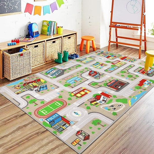 Capslpad Tan Car Road Kid Rug Carpet Playmat for Playoom Traffic Road Kids Play Mat for Toddler Non Slip Washable City Map Race Track Carpet Rug for Kids Room Bedroom Nursery Room Decor,5.2'x3.3'