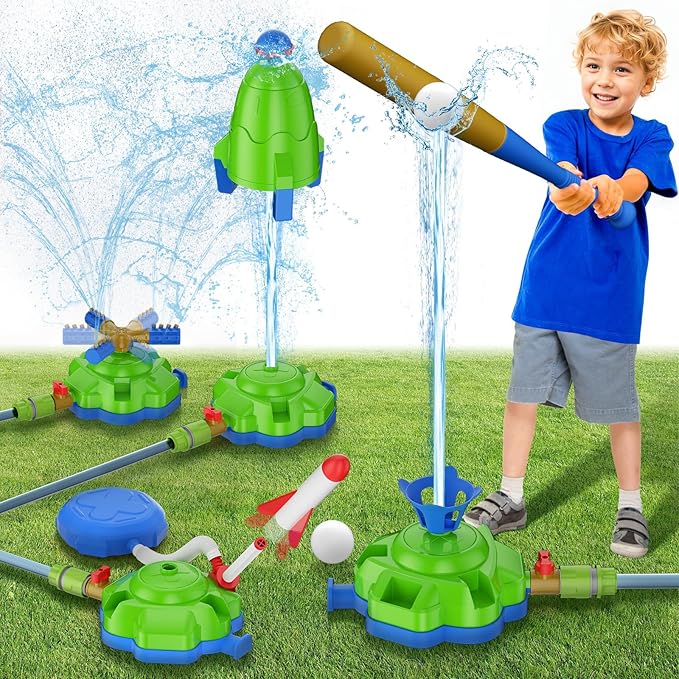 4-in-1 Sprinkler Toys for Kids, Water Outdoor Baseball Rocket Launcher Toy with Water Sprinkler Baseball Toy, Outdoor Sprinkler for Summer Backyard Lawn Pool Party for Kids Ages 3-8 (Green)