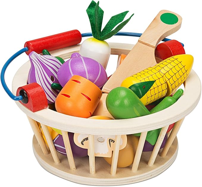 Victostar Magnetic Wooden Cutting Fruits Vegetables Food Play Toy Set with Basket for Kids