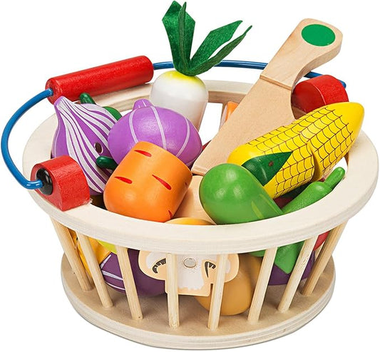 Victostar Magnetic Wooden Cutting Fruits Vegetables Food Play Toy Set with Basket for Kids