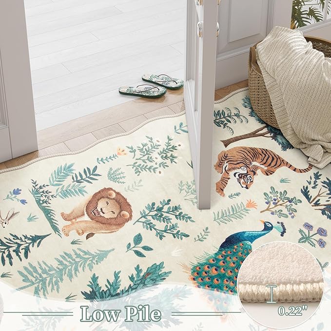 Lahome Jungle Area Rugs 5x7, Kids Rug for Bedroom Girls Machine Carpet for Living Room Ultra-Thin Non Slip, Animal Print Beige Cute Carpet for Kids Nursery Neutral Playroom Office (Beige, 5'x7')