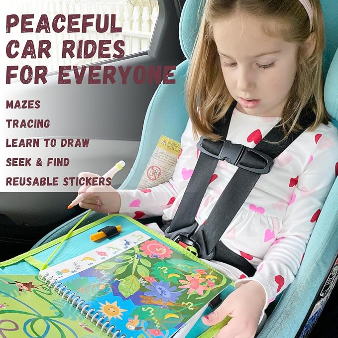 Kids Travel Educational Activity Book with Washable Markers - Car and Airplane Activities, Learning Toys for Toddlers- Reusable Stickers for Ages 4, 5, 6 (Jungle & 2 Extra Books)