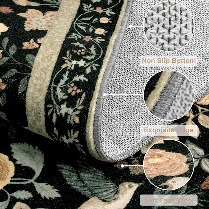 Floral Washable 5x7 Area Rug, Boho Birds Black/Beige Rugs for Living Room Soft Non-Slip Vintage Flower Bedroom Rug, Low Pile Botanical Indoor Carpet for Nursery Playroom Dining Room