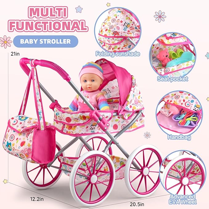 Baby Doll Stroller Toys Set with 12.5" Baby Doll,Dining Chair,Quilt Pillow,24 PCS Baby Doll Accessories and 2 Sets Doll Clothes,Baby Stroller Toys for Girls Toddlers 3-5 4-6 5-7 Gifts for Pretend Play