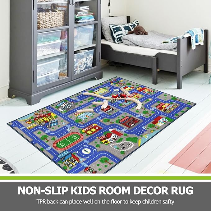 Capslpad Blue Car Road Kid Rug Carpet Playmat for Playoom Traffic Road Kids Play Mat for Toddler Non Slip Washable City Map Race Track Carpet Rug for Kids Room Bedroom Nursery Room Decor,5.2'x3.3'