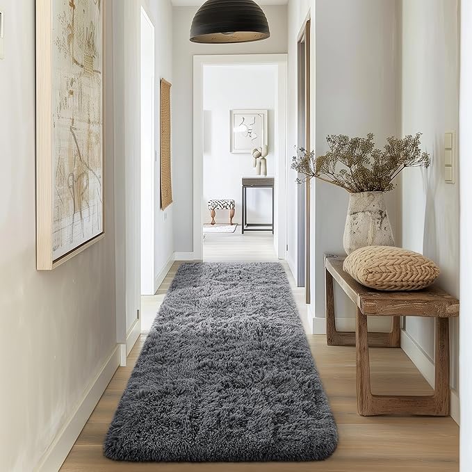 Ophanie Runner Rug for Hallway, 2x6 Bedroom Grey Bedside Rugs, Non Slip Fluffy Soft Shaggy Carpet for Kids Girls Boys Home Decor Aesthetic, Dorm Nursery Gray