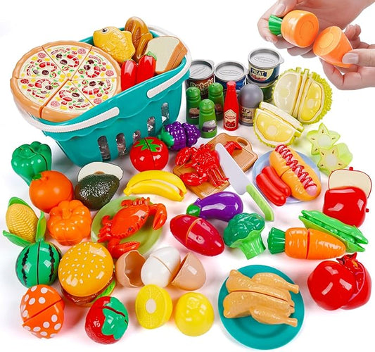 ilauke 87Pcs Cutting Play Food Toy for Kids Kitchen, Pretend Play Food Set for Toddlers with Interactive Cutting Kitchen Toys, Learning Toys Play Food Set for Daycare Educational Toy