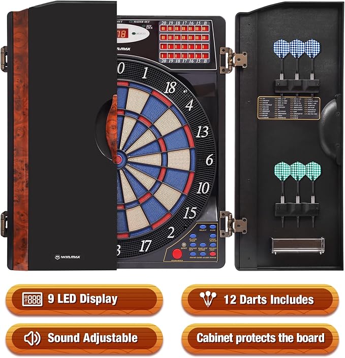 WIN.MAX Electronic Dart Board Cabinet Set, LED Electric Digital Soft Tip Dart Boards for Adults with Cabinet, up to 16 Players, 38 Games and 211 Variations with 12 Soft Tip Dartboard Set