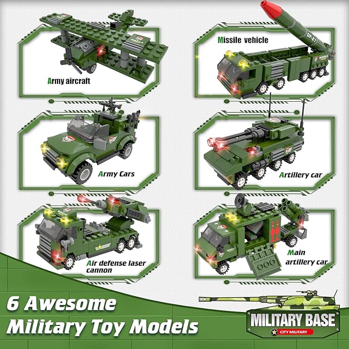 WishaLife City War Military Base Building Set with Army Car, Tank, Airplane, Helicopter, Military Toy Gift for Kids Boys Age 6+ (1162 PCS)