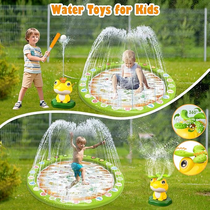 Water Sprinkler Baseball Toy for Kids with Splash Pad Outdoor Toddler Toys Kids with 2 Sprinkler Heads 360° Rotating Spray Water Baseball, Toddler Summer Activities for 3-8 Years Old Boys & Girls
