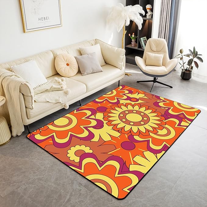 Erosebridal Groovy Decorative Rug 3x5 Retro Hippie Flower Area Rug Aesthetic Psychedelic Floral Carpet for Kids Girls Boys,Boho Natural Garden Botanical 60S 70S Non Slip Rug