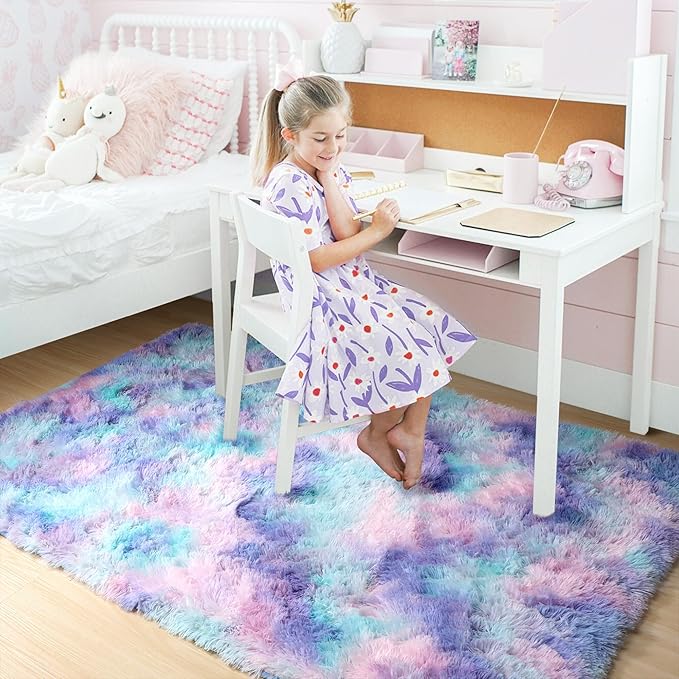 Amdrebio Blue Purple Rainbow Mermaid Rugs for Bedroom Girls Room Decor Aesthetic, 5x8 Fluffy Kawaii Area Rugs for Kids Room Nursery Dorm, Stitch Frozen Fuzzy Carpet, Cute Plush Furry Baby Toddler Rug