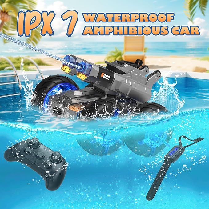 Amphibious Remote Control Car with Water Gun,Waterproof Monster Truck Toys,Rc Boat Summer Water Swimming Pool Toy,Gesture Sensing RC Stunt Cars,Birthday Gifts for Boys Girls Teens 8 9 10 11 12 13+ yrs