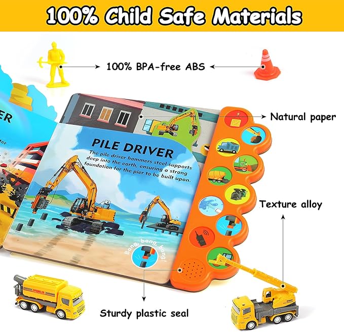 Construction Toys with Sound Books - Dig It! Dump It! Build It! Construction Board Book with 10 Buttons & 20 PCS Toys for 3+ Year Old, Great for Little Alloy Truck Lovers Kids