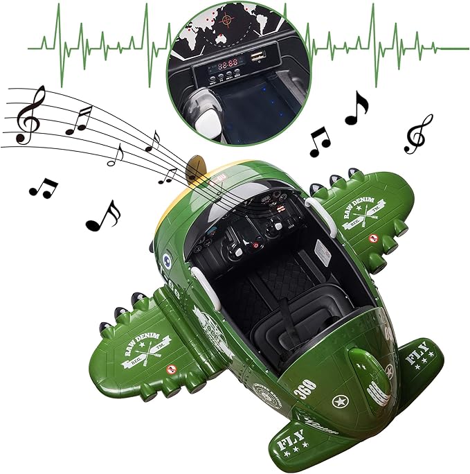 Electric Car for Kids Ride On Airplane Toy TOBBI Battery Powered 12V Kids' Electric Vehicle Rideable Airplane with Remote Control/Bombing Sound -Army Green