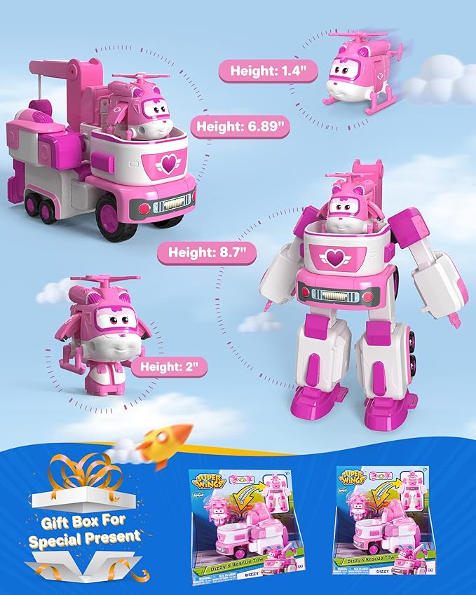 Super Wings - 7' Dizzy's Rescue Tow with 2' Pink Transform-a-Bot Mini Figure,Transforming Airplane Toy Vehicle Set,Toy for 3 4 5 Year Old Boys and Girls,US720314