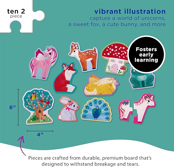 Crocodile Creek Let’s Begin Puzzle - Ten 2-Piece Beginner Puzzles for Ages 2 and Up - Heavy-Duty Storage Canister with Handle - Colorful Unicorns Design - Each Puzzle is 6" L x 4" H Finished