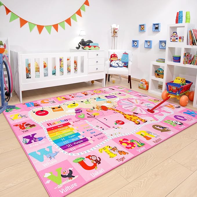 Chicrug Educational Kid Area Rug for Playroom, 4x6 Feet TPR Non Slip Kids Classroom Carpet Rug for Learning ABC Animal, Shape Color Fruit, Washable Play Mat Rug for Children Nursery Toddler Room Decor