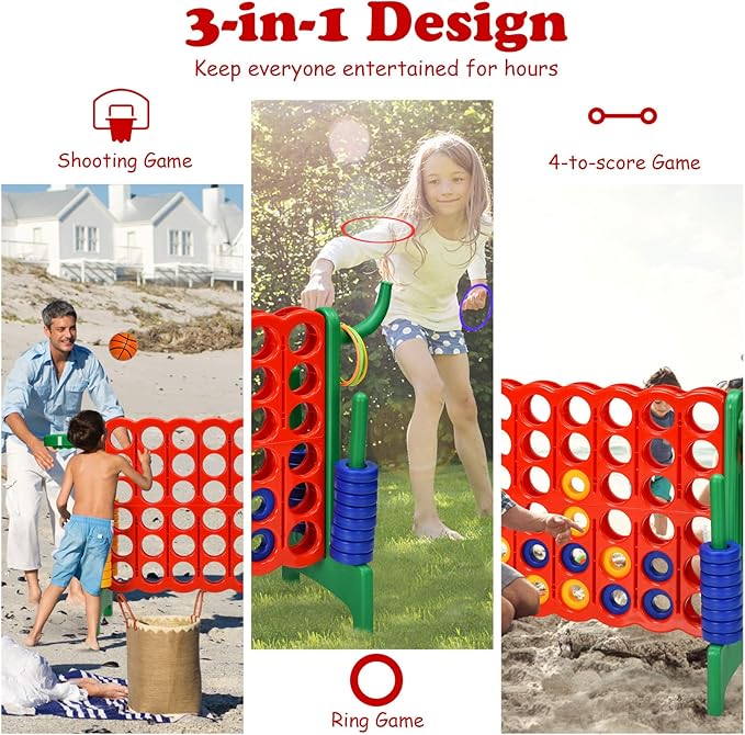 Costzon Giant 4-in-A-Row, Jumbo 4-to-Score Giant Game w/Basketball Hoop, Ring Toss, Quick-Release Slider, 42 Jumbo Rings, Indoor Outdoor Family Connect Game for Kids & Adults, Backyard Games, Green